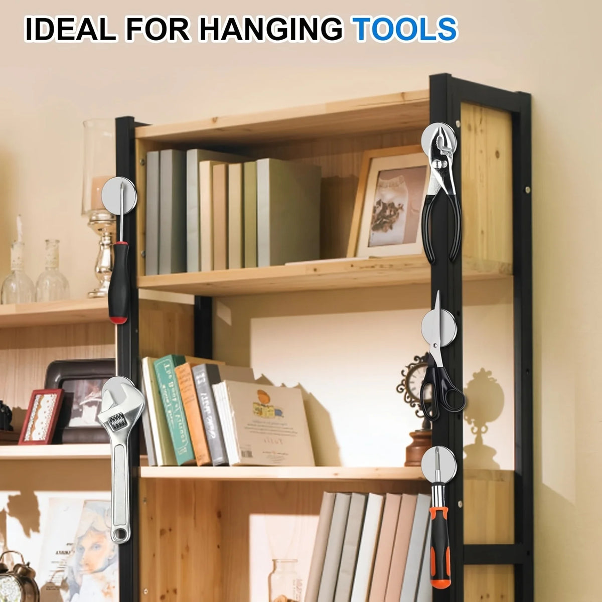 A wooden shelf organizer designed for hanging tools and craft items, featuring various metal tools and supplies.