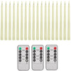 A set of six white flamed taper candles and a remote control with on/off switches and timer functions.