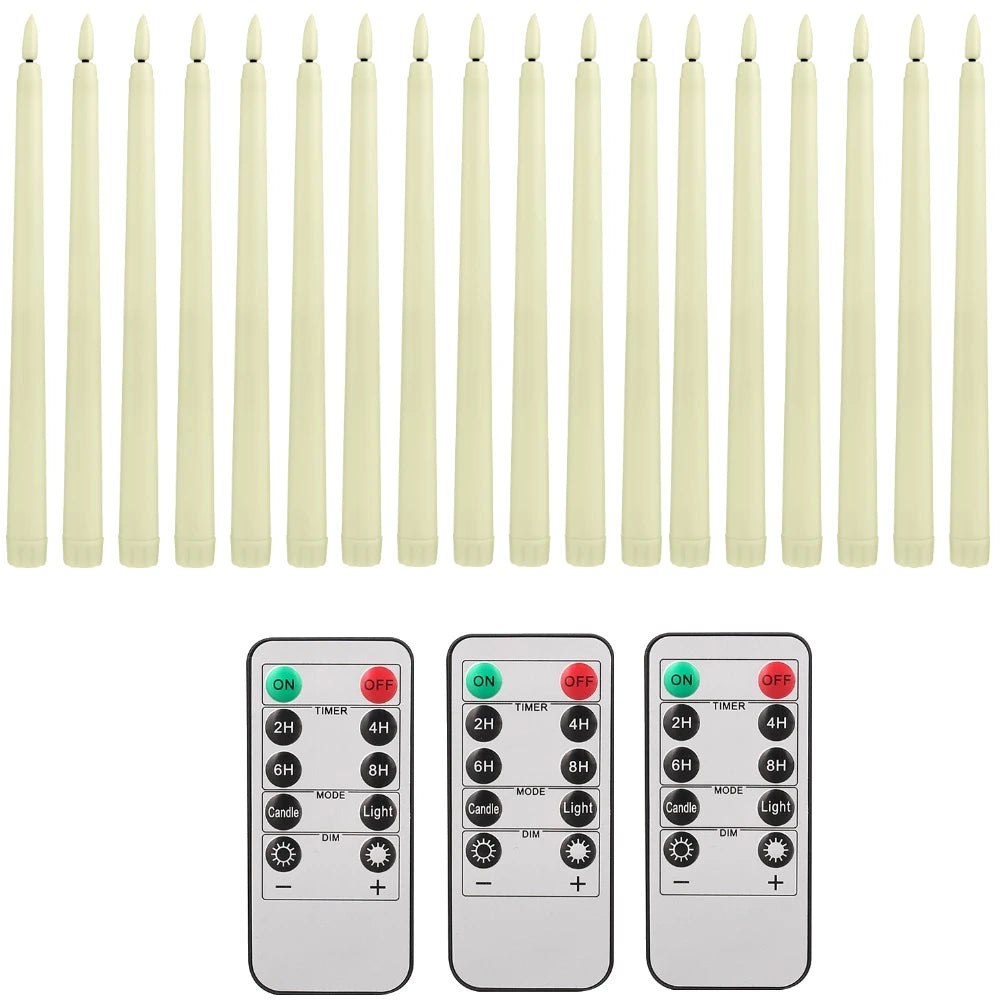 A set of six white flamed taper candles and a remote control with on/off switches and timer functions.