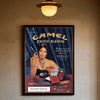 Vintage poster advertising Camel Exotic Blends cigarettes with a model and product packaging.