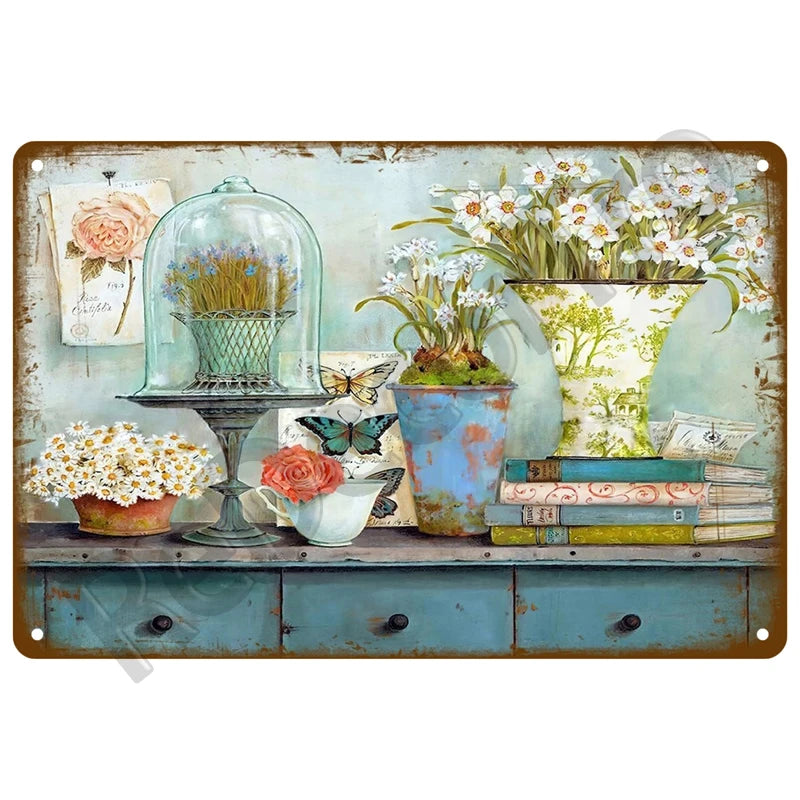 A vintage metal tin sign featuring a still life of flowers, glass dome, and books on a wooden surface.