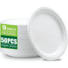 A stack of 50 round paper plates with a green label indicating 9 inch size.