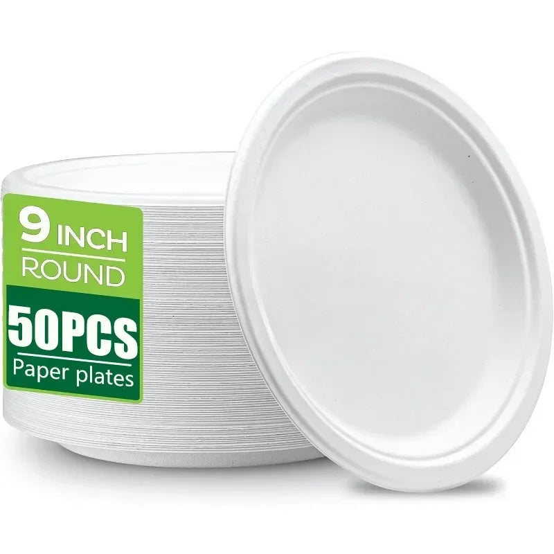 A stack of 50 round paper plates with a green label indicating 9 inch size.