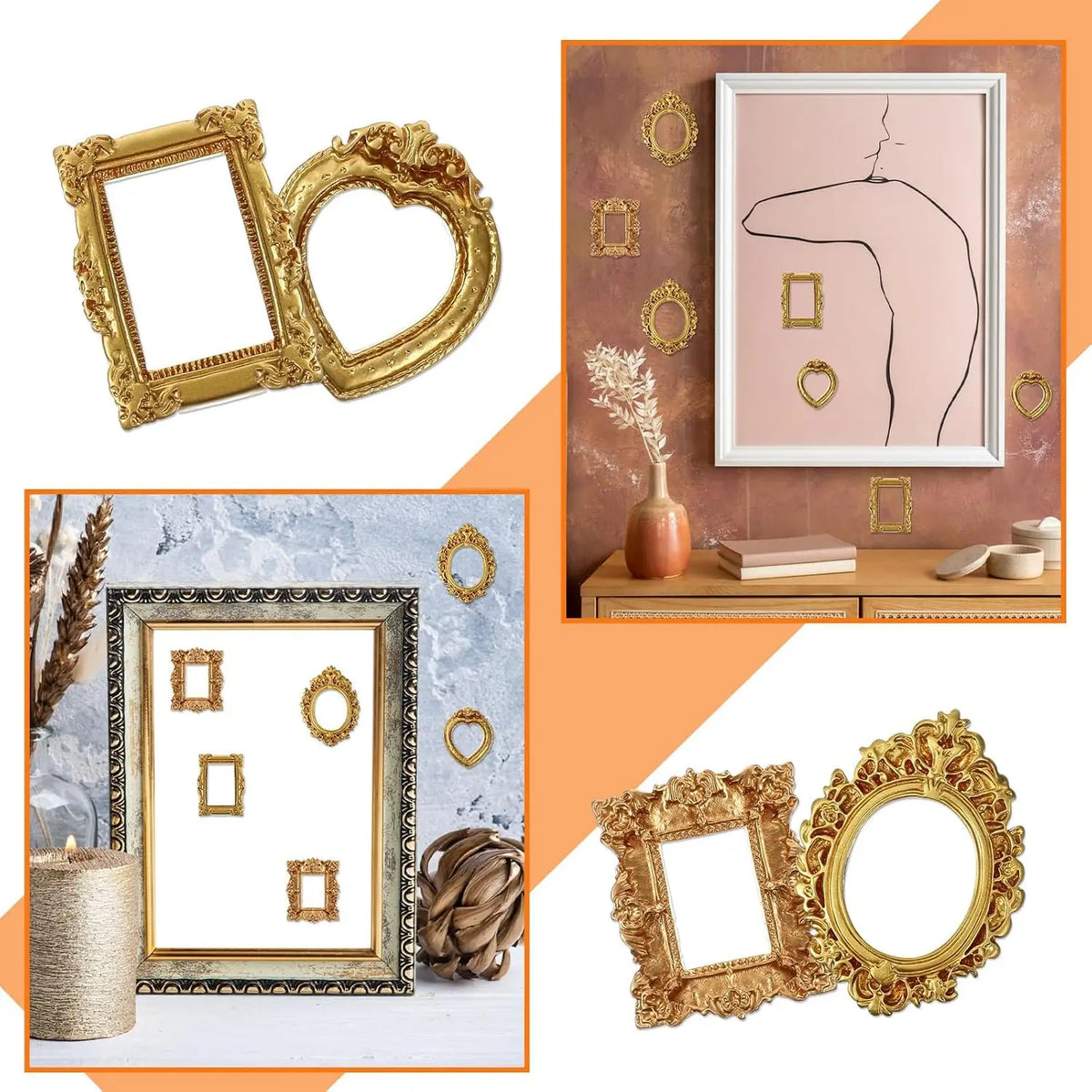A collection of vintage gold mini picture frames in various sizes and shapes displayed on a wooden surface.