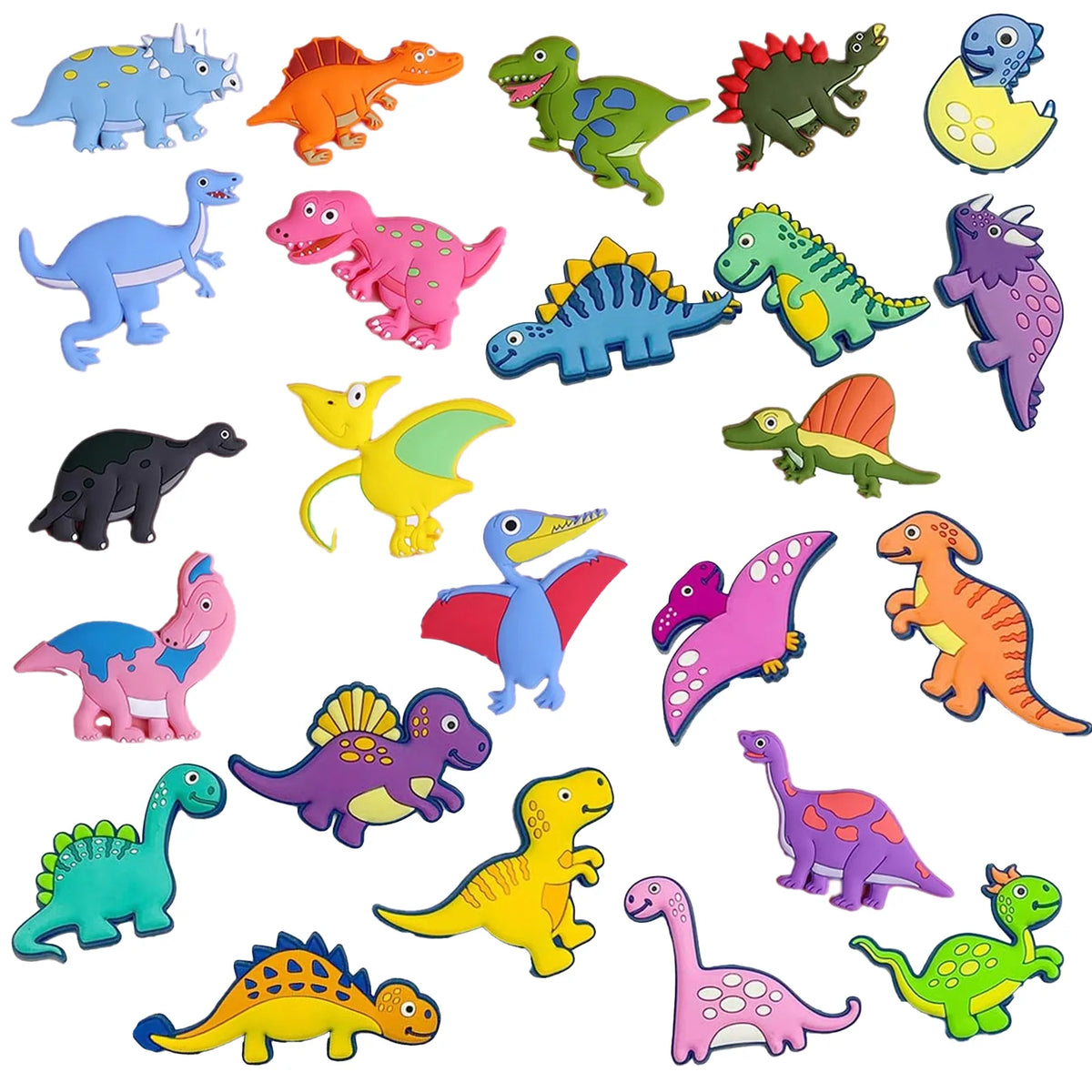 A collection of 24 colorful dinosaur fridge magnets featuring various species and colors.