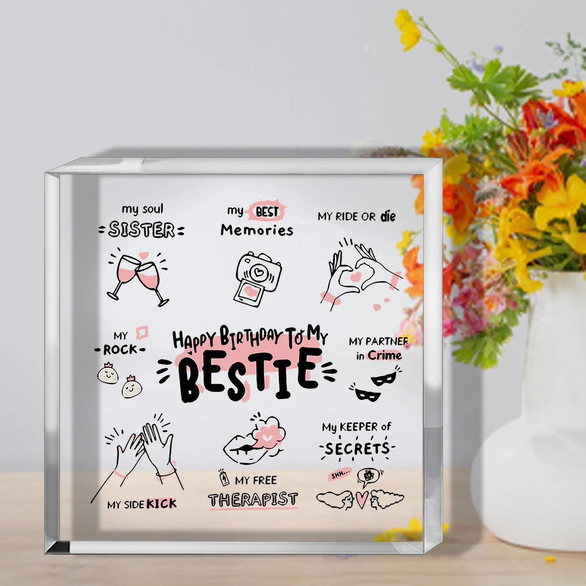 Gerahmtes Kunstdruck mit Freundschafts-Zitaten und Symbolen wie Schwestern, beste Freundin, Geburtstag und Rock