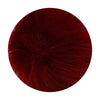 A round pom pom made of deep burgundy faux fur with a silver chain attached.