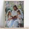 A painting depicting Jesus reading a Bible with two young girls in a natural, outdoor setting.