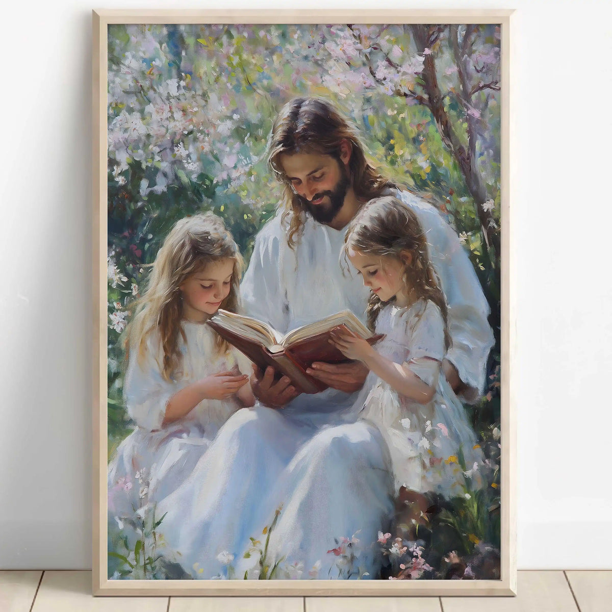 A painting depicting Jesus reading a Bible with two young girls in a natural, outdoor setting.