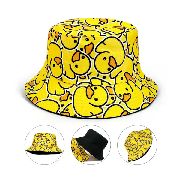 Yellow and black duck print reversible bucket hat