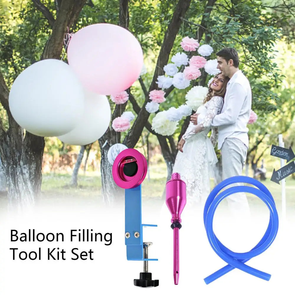 A tool kit set for balloon filling, including a metal inflator and various tools, shown outdoors.