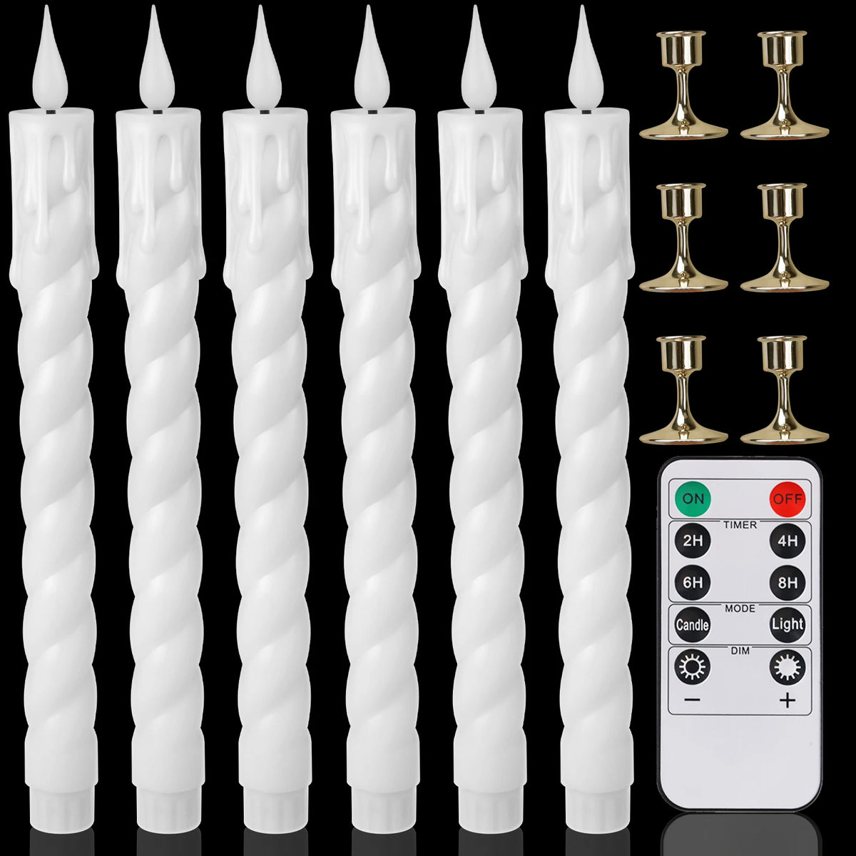 A set of white fluted LED taper candles with gold-colored stands and a remote control for timer and light.