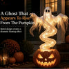 A swirling ghost figure made of light rises from a carved pumpkin on a dark surface.