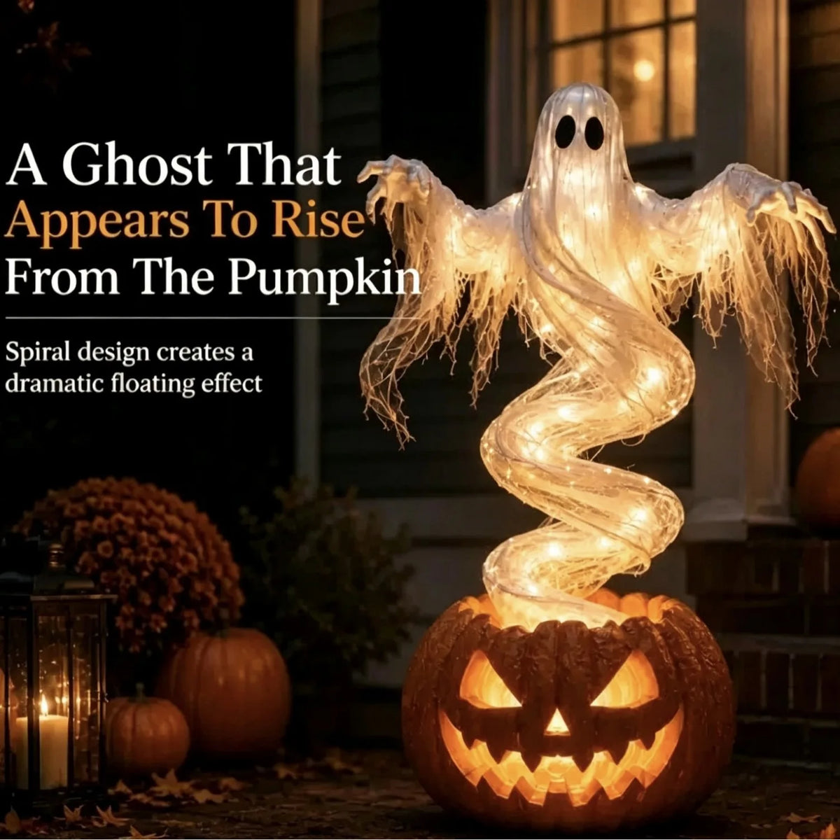 A swirling ghost figure made of light rises from a carved pumpkin on a dark surface.
