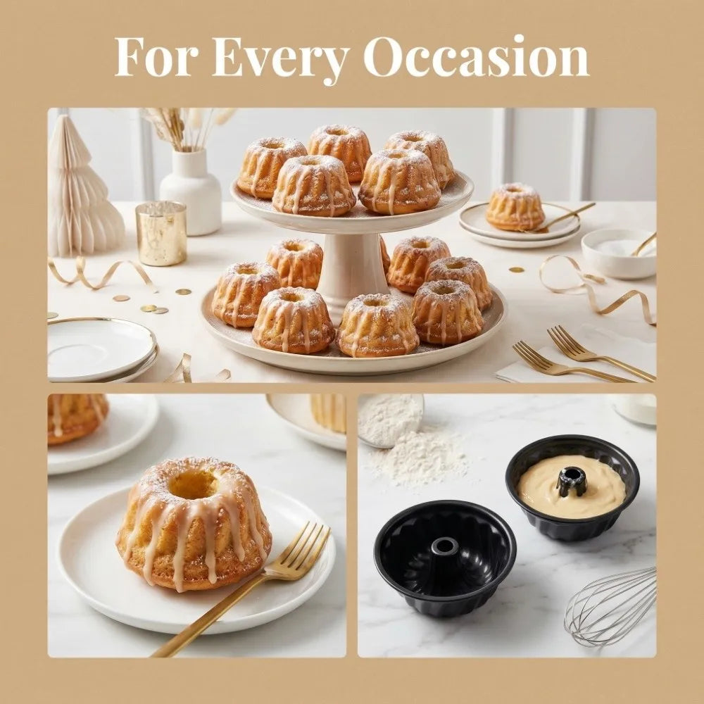 A collection of four golden mini fluted cake pans arranged on white plates and a wooden surface.