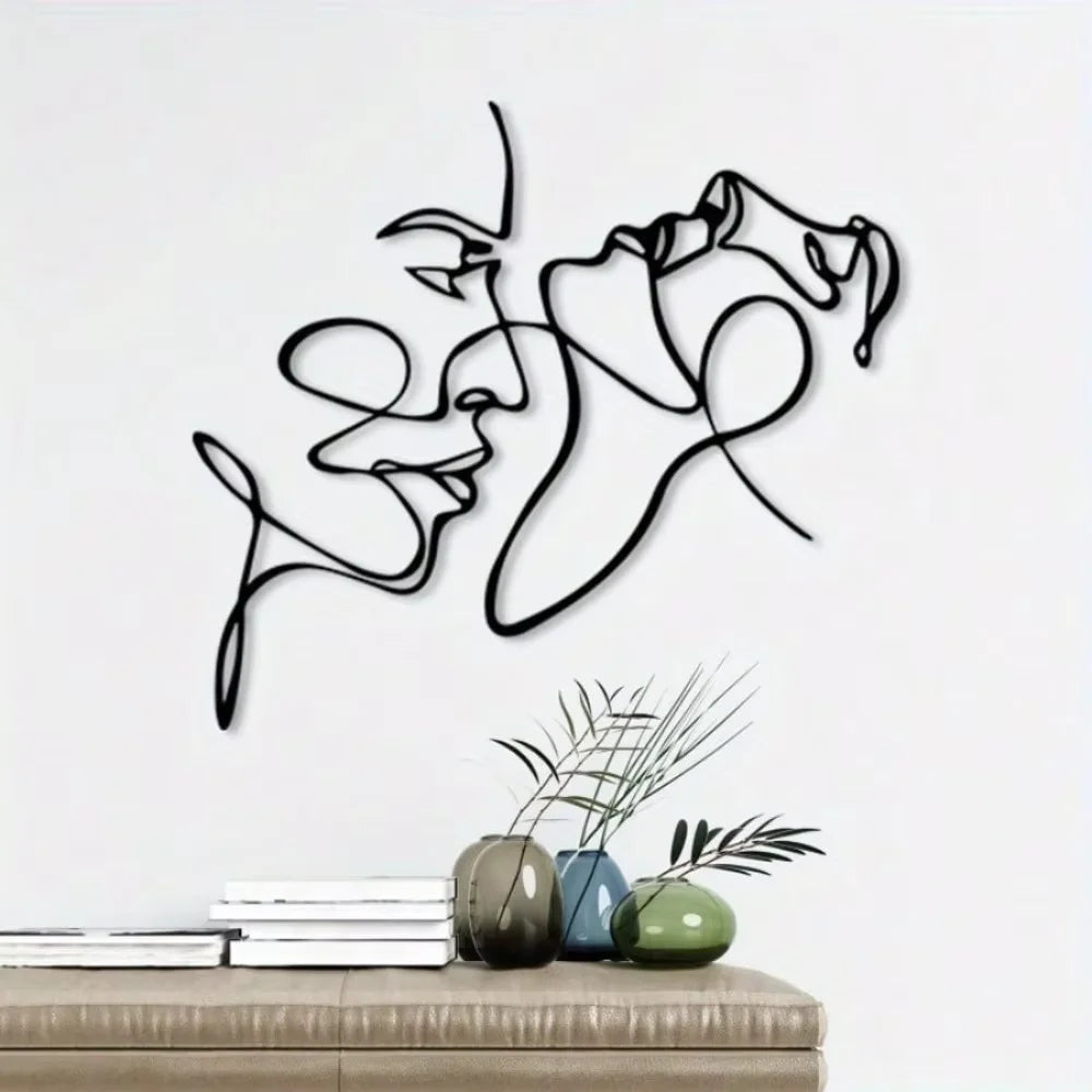 Black metal wall art featuring a modern silhouette of a cat and a woman against a white background.