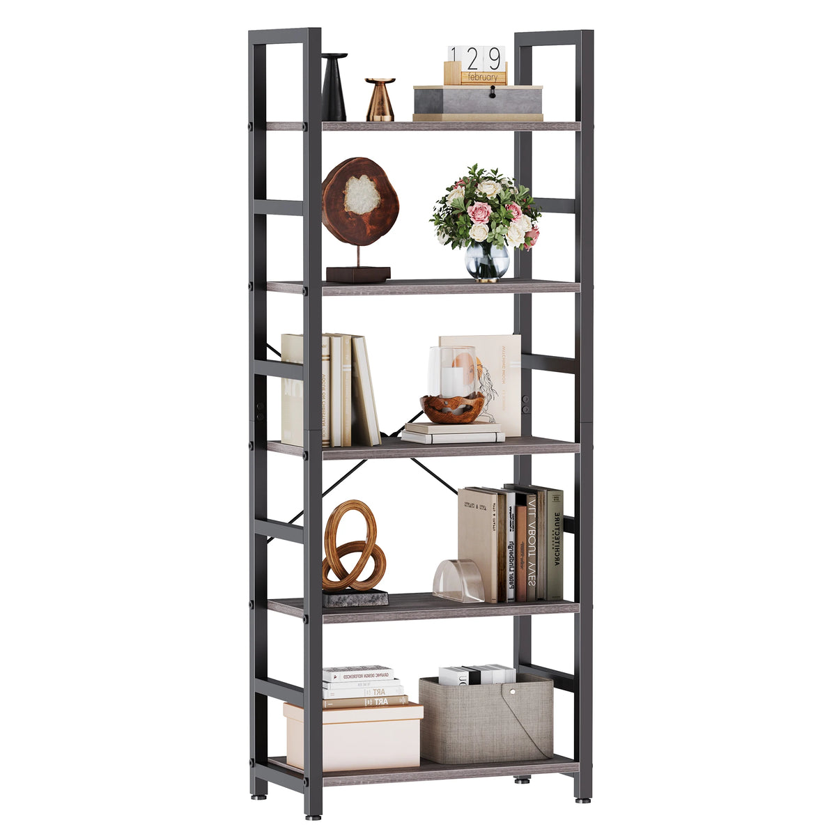 A tall, dark gray metal bookshelf with five tiers displaying various decorative items and books.