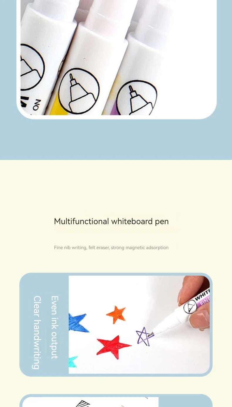 A set of white whiteboard pens with fine nibs and erasers shown alongside examples of handwriting and drawing.