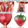 Instructions showing how to inflate a strawberry balloon using a pump and seal.
