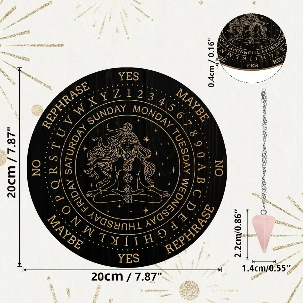 Un plateau de divination circulaire noir avec les jours de la semaine et une phrase à reformuler, entouré d'accents dorés.