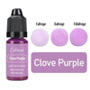 A bottle of Clove Purple liquid pigment with dropper tips showing 1, 5, and 10 drops.