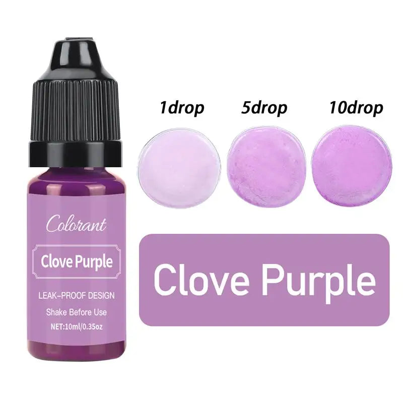 A bottle of Clove Purple liquid pigment with dropper tips showing 1, 5, and 10 drops.