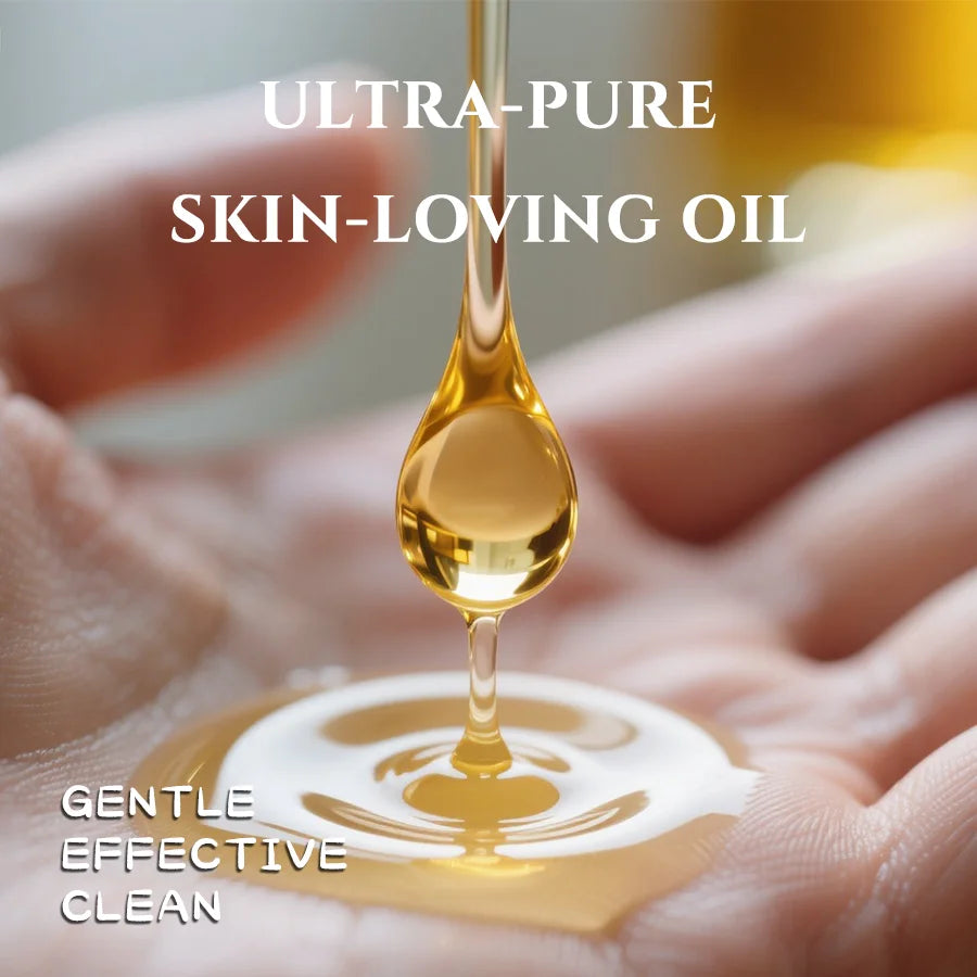 A drop of golden oil is being poured onto a hand, illustrating ultra-pure skin-loving oil for gentle effective clean.