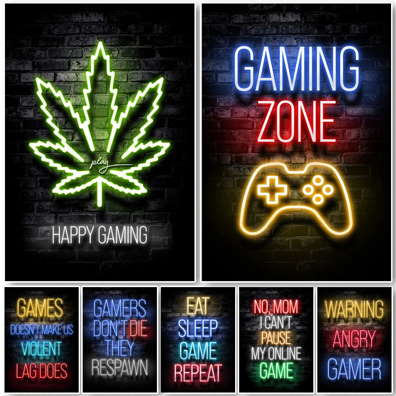 Arte de pared de juego neón con hoja de cannabis y controlador de juego retro sobre fondo de ladrillo