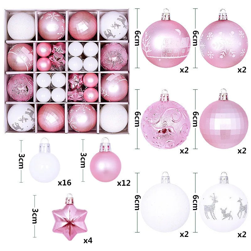 A collection of pink and white glass Christmas ball ornaments in various sizes and designs.