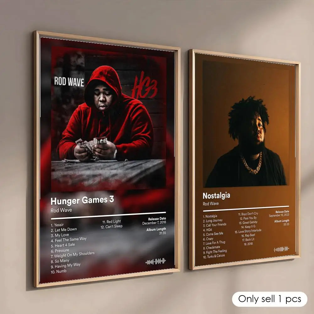 A framed poster featuring the album art and tracklist for Rod Wave's Hunger Games 3 on a dark background.