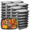 A stack of black plastic food storage containers with lids, showing various food items inside.