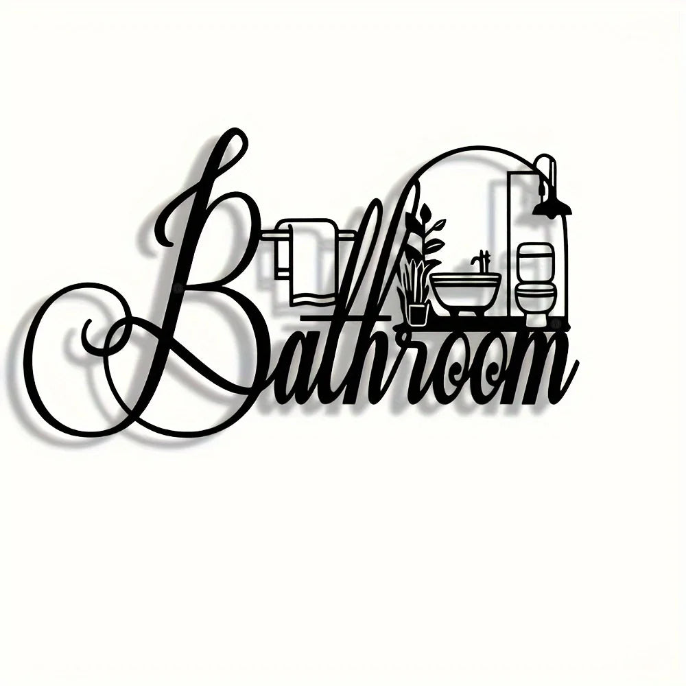 Elegant iron bathroom sign wall art featuring a vintage style metal plaque with bathroom fixtures.