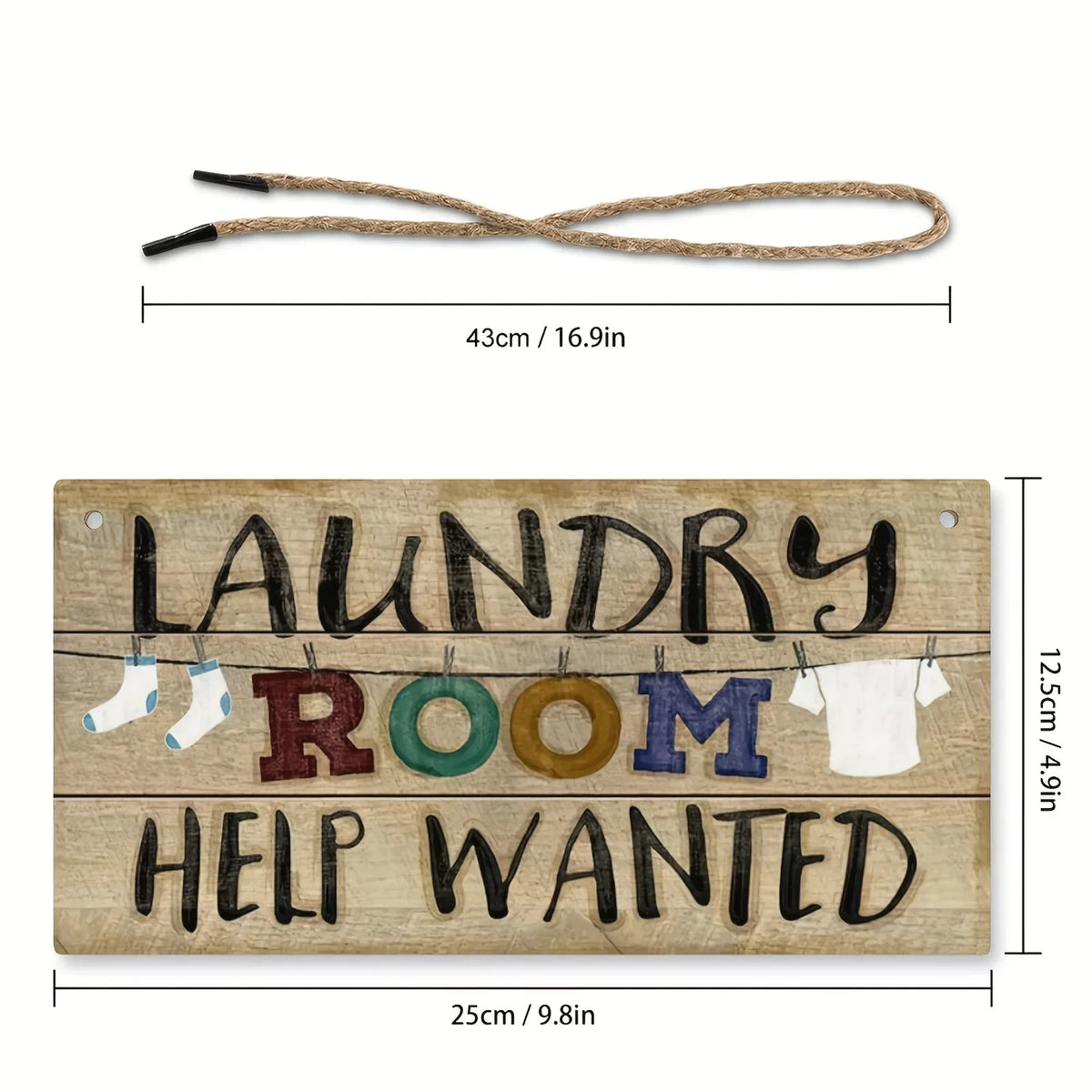 A wooden sign with the text Laundry Room Help Wanted carved into it, accompanied by a piece of twine.