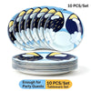 A set of 10 blue and white disposable plates for parties and picnics