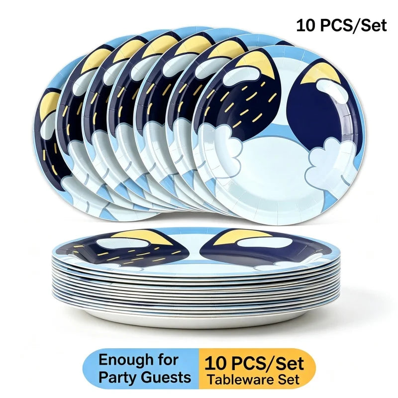 A set of 10 blue and white disposable plates for parties and picnics