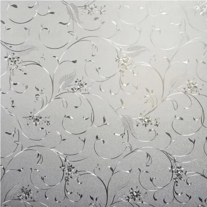 Silver frosted electrostatic window film featuring delicate floral and vine patterns for privacy