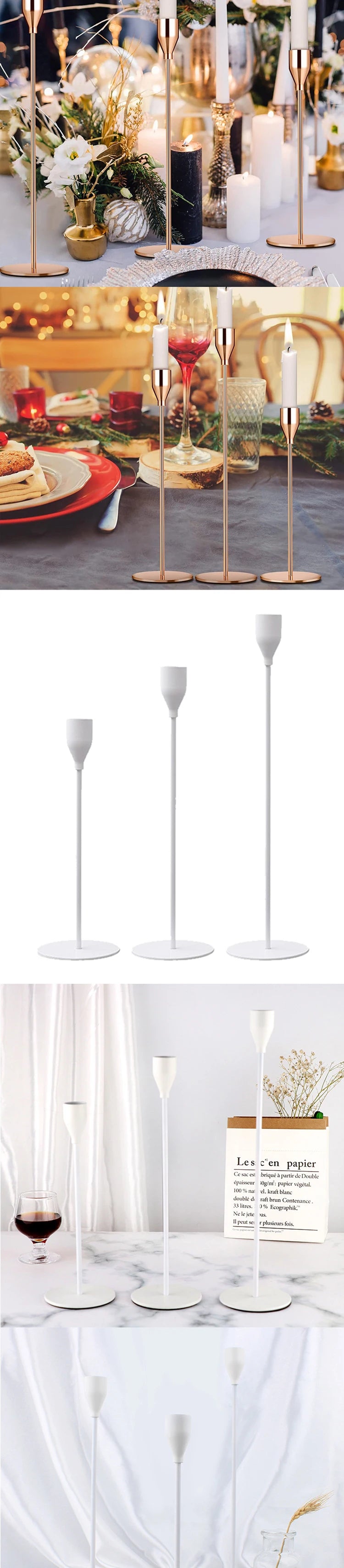 A set of three elegant metal candle holders with slender white candles displayed on a dark surface.