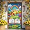A colorful vinyl backdrop banner featuring a rainbow, flowers, and a whimsical landscape.