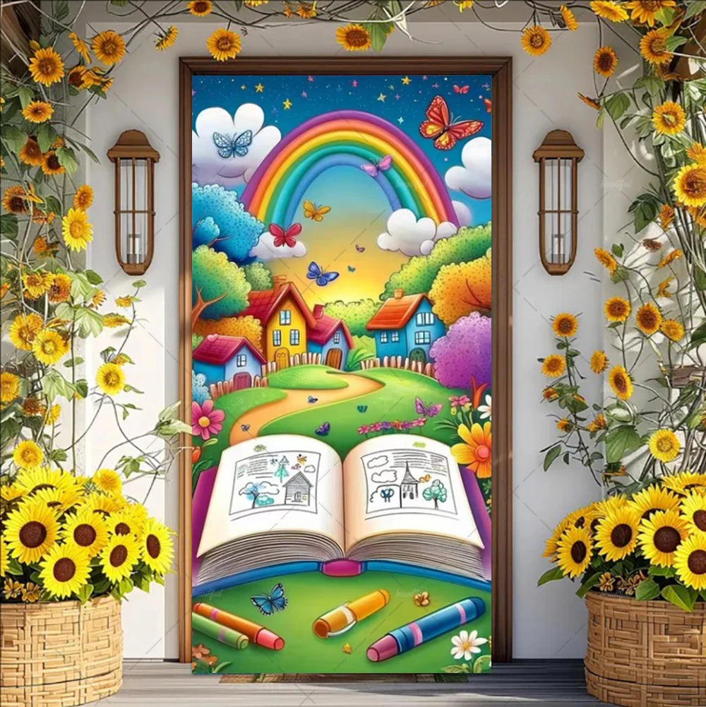 A colorful vinyl backdrop banner featuring a rainbow, flowers, and a whimsical landscape.