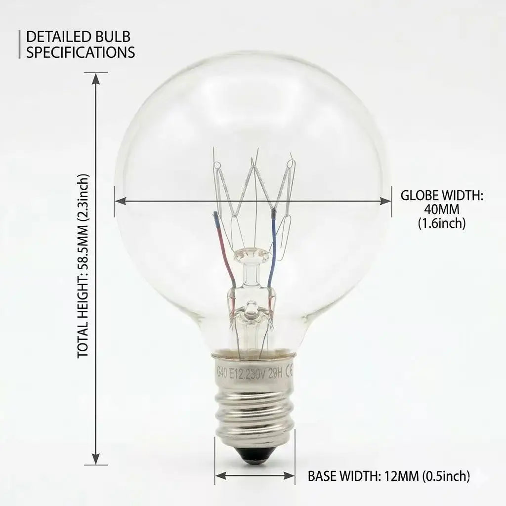 A detailed bulb specification diagram showing the dimensions of an E12 candelabra base light bulb.