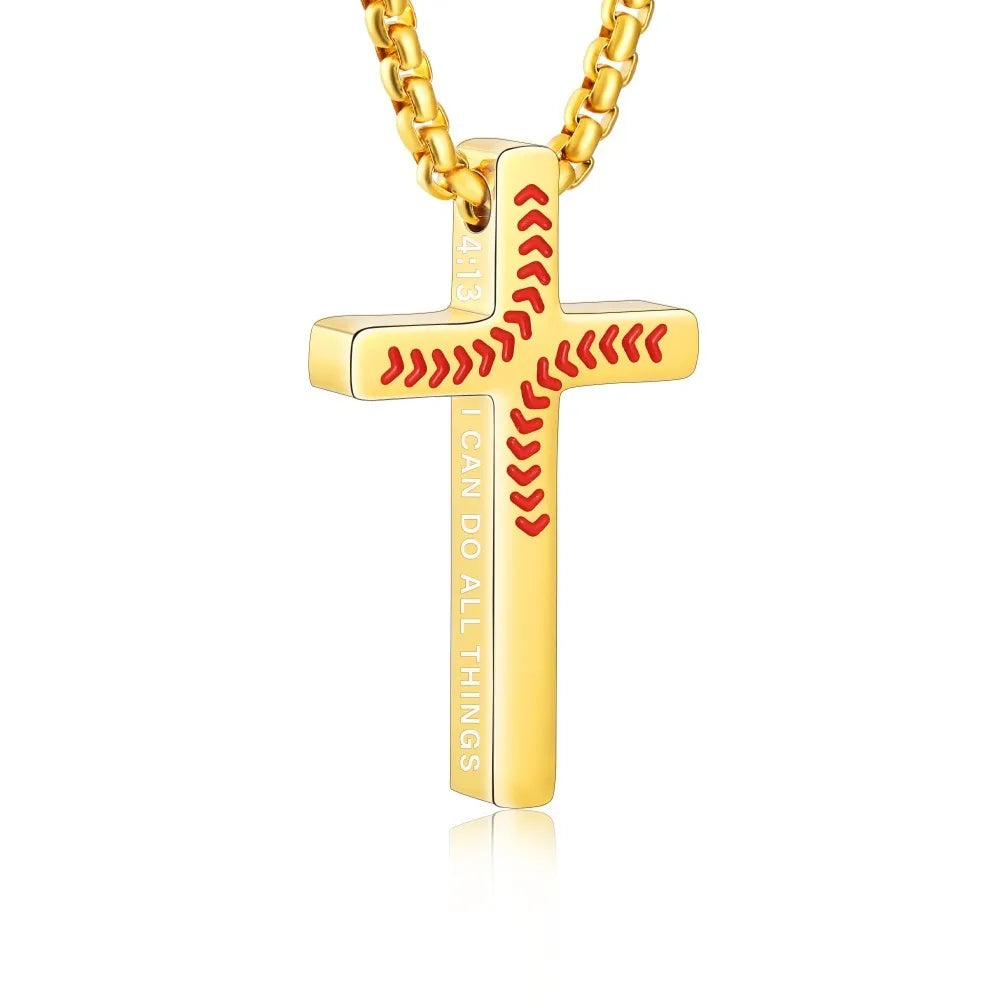 Gold stainless steel cross pendant necklace with a baseball pattern design