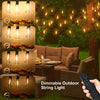 Dimmable outdoor string light lights are displayed in a garden setting with various brightness levels.