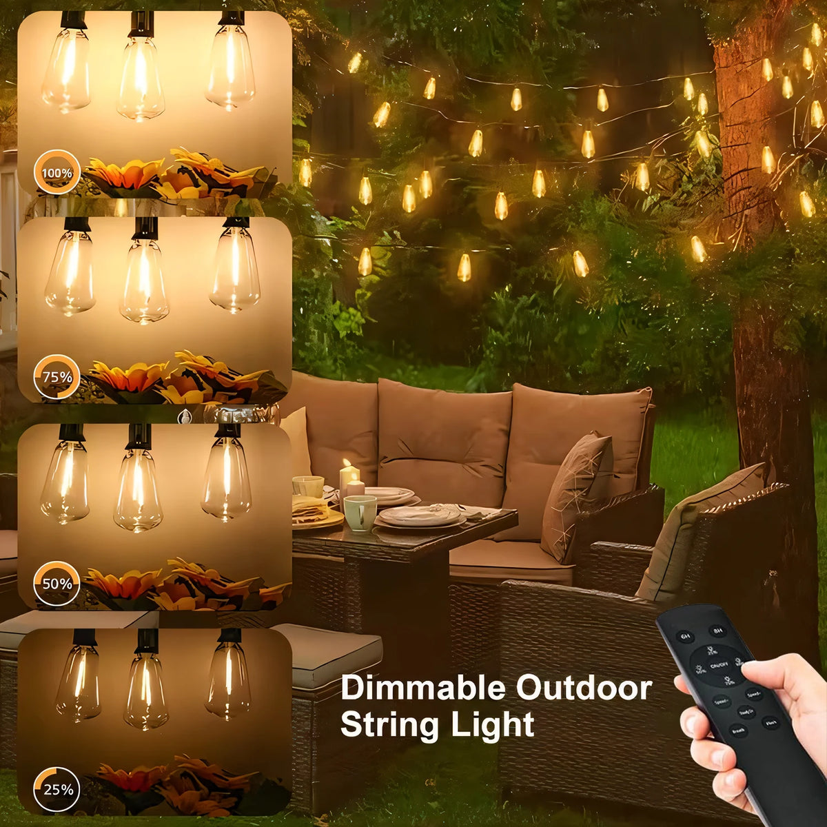 Dimmable outdoor string light lights are displayed in a garden setting with various brightness levels.