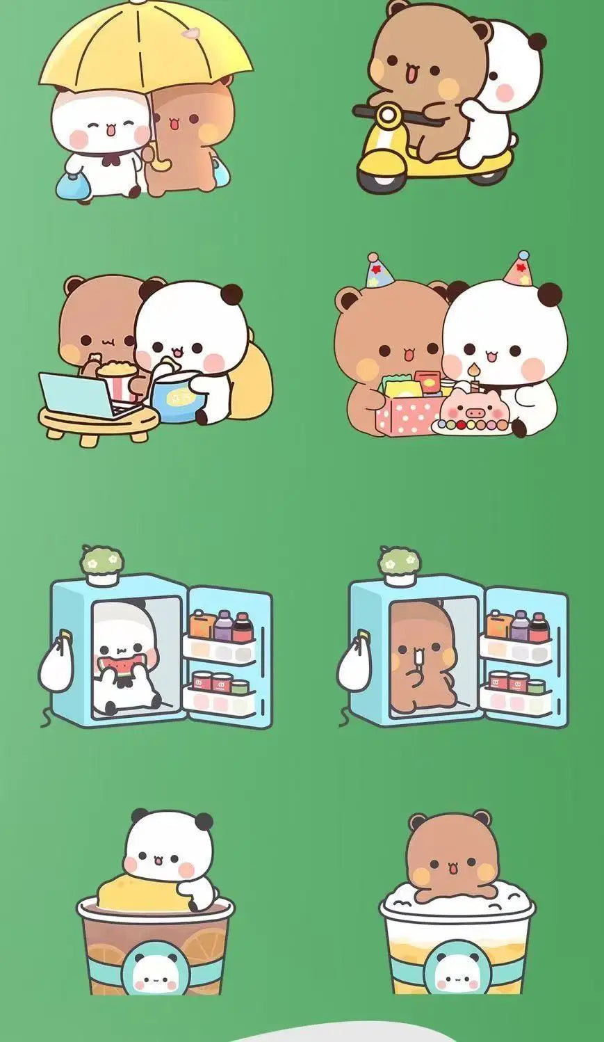 A collection of cute panda-themed fridge magnets featuring pandas in various poses and contexts.
