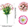 A bouquet of pink and white artificial eucalyptus and morning glory flowers with a detailed close-up of a single flower.