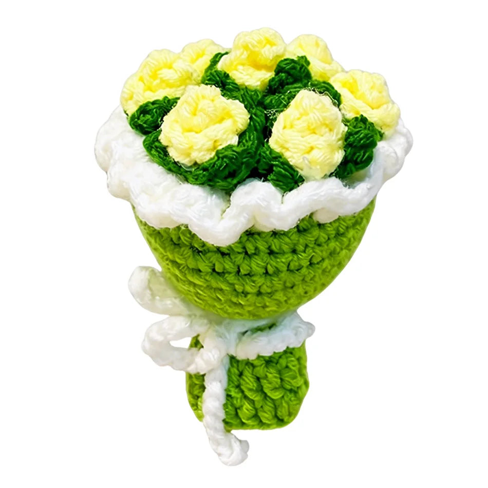 Handmade crochet flower bouquet keychain featuring yellow and green flowers