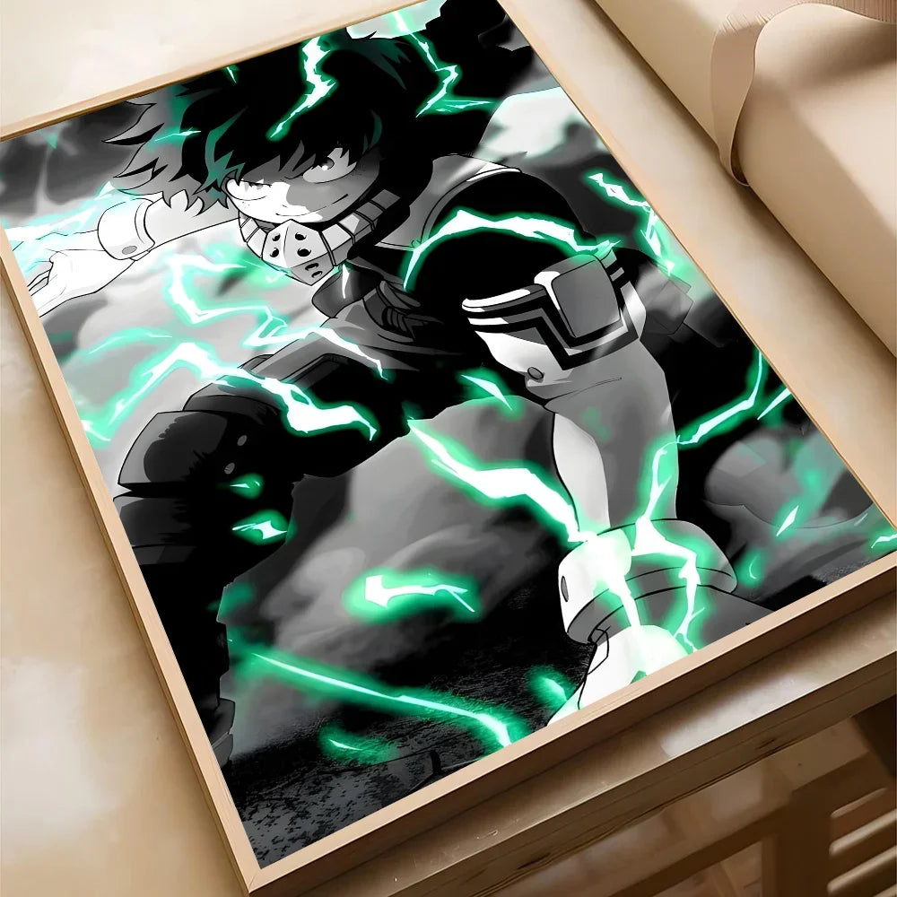 A poster featuring My Hero Academia Deku with green electrical energy effects.
