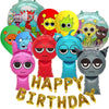 A set of colorful balloon decorations featuring various cartoon characters and designs for a birthday party.