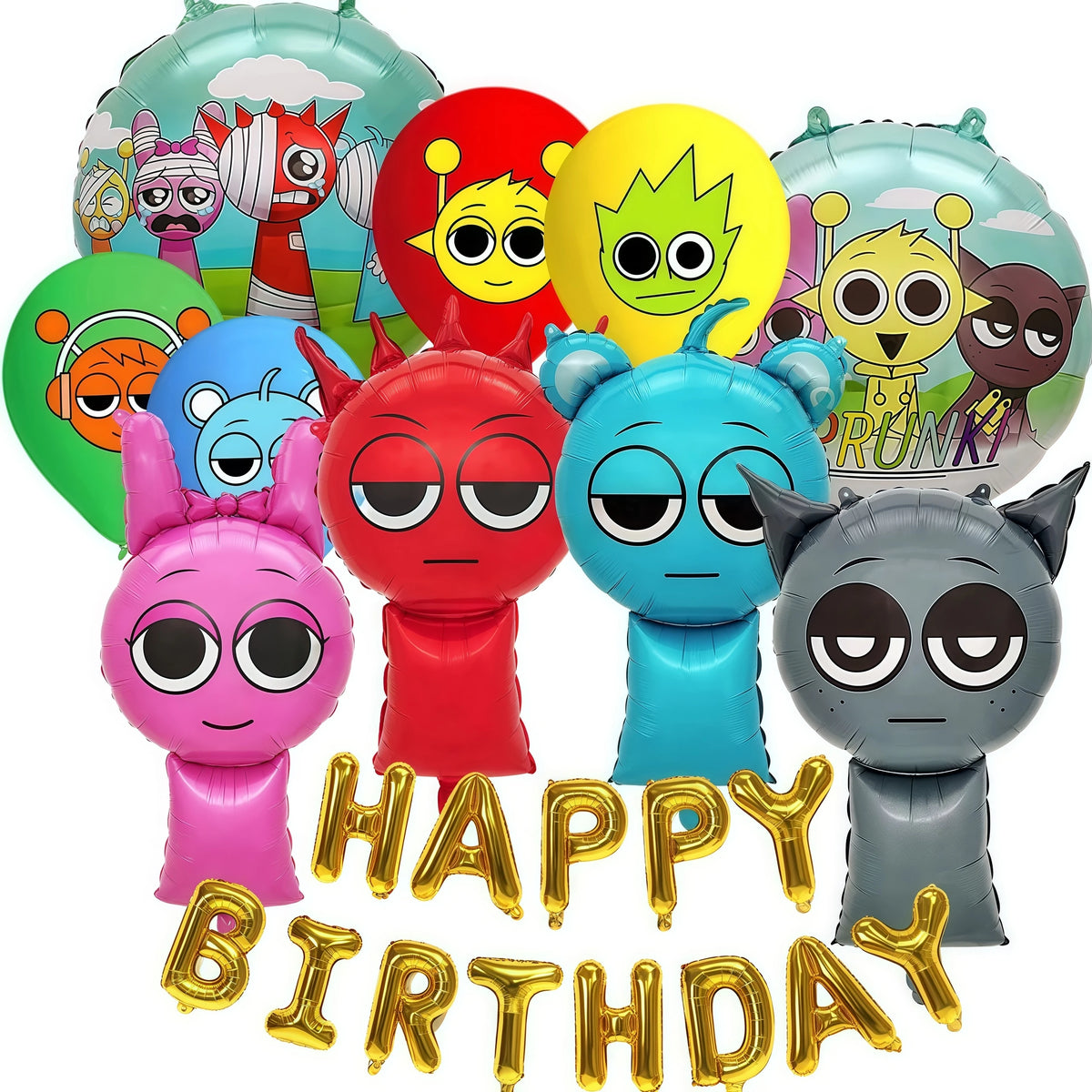 A set of colorful balloon decorations featuring various cartoon characters and designs for a birthday party.