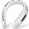 A white portable neck fan with a curved design and a digital display is shown from above.